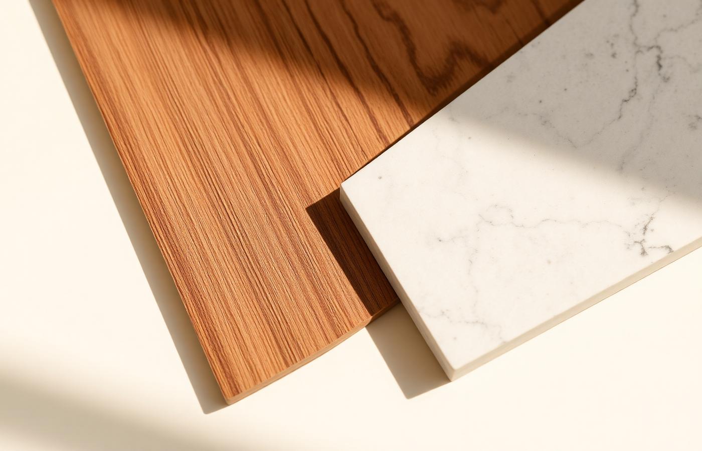 Veneer and quartz samples arranged in natural light